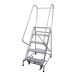 A gray powder-coated steel rolling ladder with five serrated steps, handrails, and wheels.