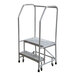 A two-step welded aluminum rolling ladder with handrails and serrated tread.