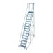 A gray powder-coated steel rolling ladder with 15 steps, a platform, handrails, and serrated tread.
