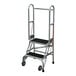 A two-step aluminum foldable rolling ladder with ribbed vinyl tread and handrails.