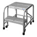 A two-step welded aluminum rolling ladder with serrated tread and a 350 lb. capacity.