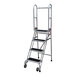 A four-step aluminum foldable rolling ladder with ribbed vinyl treads and handrails.