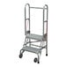 A two-step aluminum foldable rolling ladder with perforated tread and handrails.