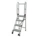 A four-step aluminum foldable rolling ladder with perforated tread and handrails.