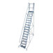 A tall, gray powder-coated steel rolling ladder with 16 steps, side handrails, a top platform, and perforated treads.