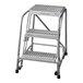 A three-step welded aluminum rolling ladder with serrated tread and a 350 lb. capacity.