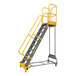 A heavy-duty, 11-step rolling steel ladder with yellow handrails and a perforated tread platform.