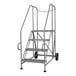 A gray powder-coated steel 3-step trailer access platform with handrails and wheels.
