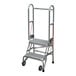 A two-step aluminum foldable rolling ladder with handrails and wheels.
