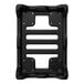 A black plastic tote dolly designed to hold and transport multiple stacked containers.
