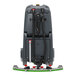 A large industrial ride-on floor scrubber machine with hoses and a squeegee attachment at the back.