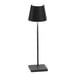 A dark gray cordless rechargeable table lamp with a square base and conical shade.