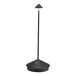 A black cordless rechargeable table lamp with a slim stem and conical shade.