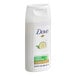 A small 0.75 oz bottle of Dove Cool Moisture Cucumber Shampoo.