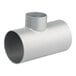 A silver metal T-shaped pipe fitting with one smaller perpendicular outlet and two larger aligned openings.