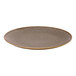 A brown round rimless porcelain coupe plate.