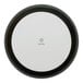A round black porcelain coupe flat plate with a white center and the Ariane logo on the bottom.
