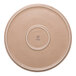 A tan round porcelain plate with a raised rim and speckled design.