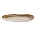 An asymmetrical oval porcelain platter with a brown and cream spotted rim and a raised edge.