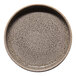 A round brown porcelain plate with a raised rim and a speckled pattern.