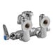A silver T&S wall mount service sink faucet with a couple of holes and knobs.