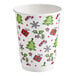 A 12 oz. double wall paper hot cup with a Christmas-themed print featuring trees, presents, holly, candy canes, and snowflakes.