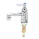 A chrome T&S deck mount faucet with a blue lever handle.