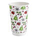 A 16 oz. double wall paper hot cup with a Christmas-themed print featuring trees, presents, holly, candy canes, and snowflakes.