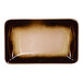 A brown rectangular porcelain platter with an embossed wide rim.