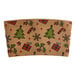 A brown coffee cup sleeve with a cartoon Christmas print featuring trees, presents, candy canes, holly, and snowflakes.