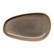 An oval asymmetric brown porcelain platter with a raised rim and speckled design.