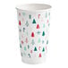 A 16 oz. double wall paper hot cup with a modern Christmas print featuring trees, candy canes, and snowflakes.