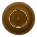A brown round porcelain coupe deep plate viewed from the bottom.