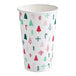 A 16 oz. paper hot cup with a modern Christmas print featuring trees, candy canes, and snowflakes.