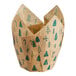 A brown tulip-shaped baking cup with green Christmas-themed prints including trees, candy canes, and snowflakes.