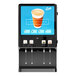 A commercial cappuccino dispenser machine with four selection buttons and a large display screen.