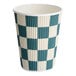 A 12 oz. navy checkered double wall ripple paper hot cup.