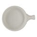 A round porcelain serving tray with a handle, featuring a speckled finish.