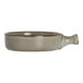 A round porcelain serving tray with a handle in a neutral glaze finish.
