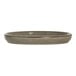 A round, shallow, gray porcelain serving tray.