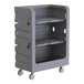 A gray heavy-duty polypropylene utility cart with two shelves and four caster wheels.