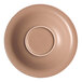 A round, tan porcelain coupe deep plate with a central indentation.