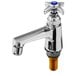 A silver T&S mop sink faucet with blue and yellow handles.