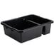 A black Tablecraft heavy duty polyethylene plastic divided bus tub with handles.