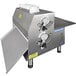 A commercial countertop dough sheeter with metallic rollers and side operation, designed for food preparation.
