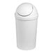 A white round wastebasket with a swing-top lid.