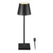 A black matte metal battery-powered LED lamp with a minimalist design and a USB charging cable.