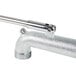 A T&S silver metal wall mount pipe with a long handle.