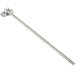 A T&S rough chrome metal service sink faucet with silver metal pipes and a long metal rod.