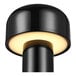 A modern glossy black iron outdoor battery-powered LED table lamp with a frosted diffuser.